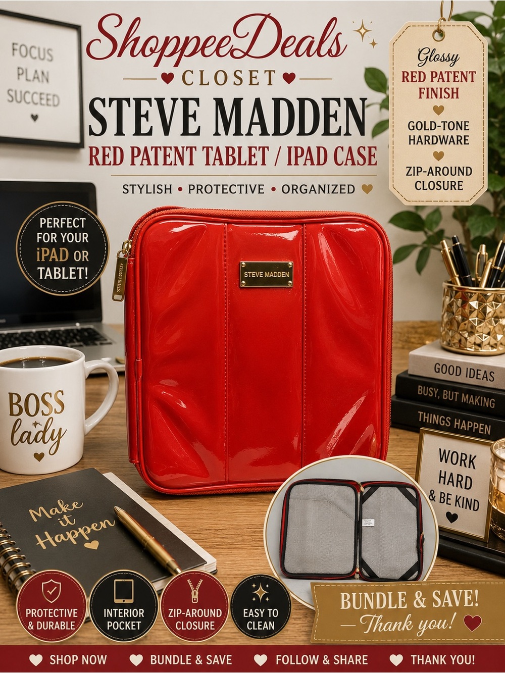 Steve Madden Red Patent Tablet iPad Case Zip Organizer Gold Hardware